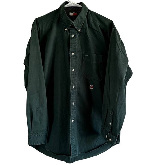 VTG Tommy Hilfiger Crest Button Down Shirt 90s Curved 100% Cotton Green Medium - Picture 1 of 4